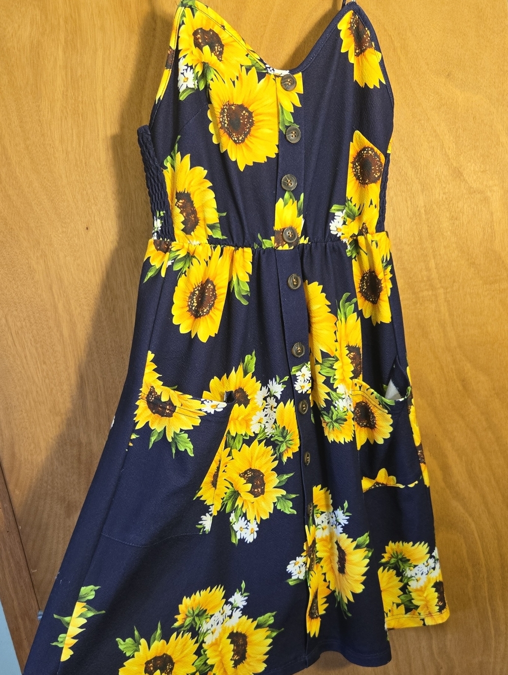 Sunflower Print Navy Midi Dress with Button Front